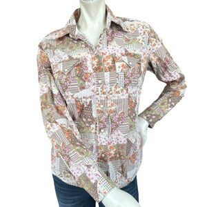Vintage Y2K Lucky Brand Floral Patchwork Western Long Sleeve Blouse Pearl Snaps